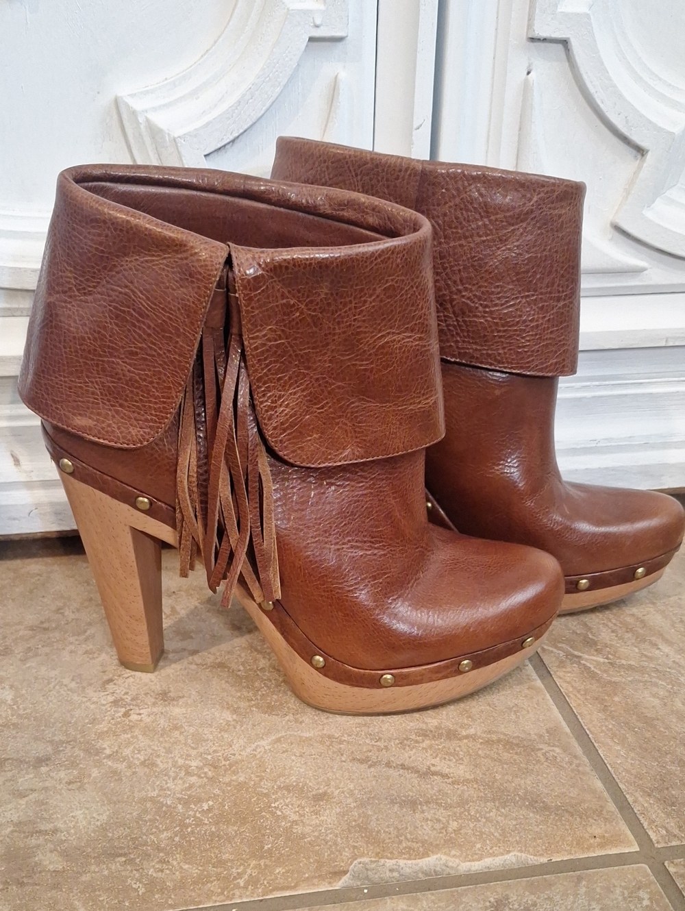 I.N.C ANKLE BROWN LEATHER FRINGE BOOTS Sz 10